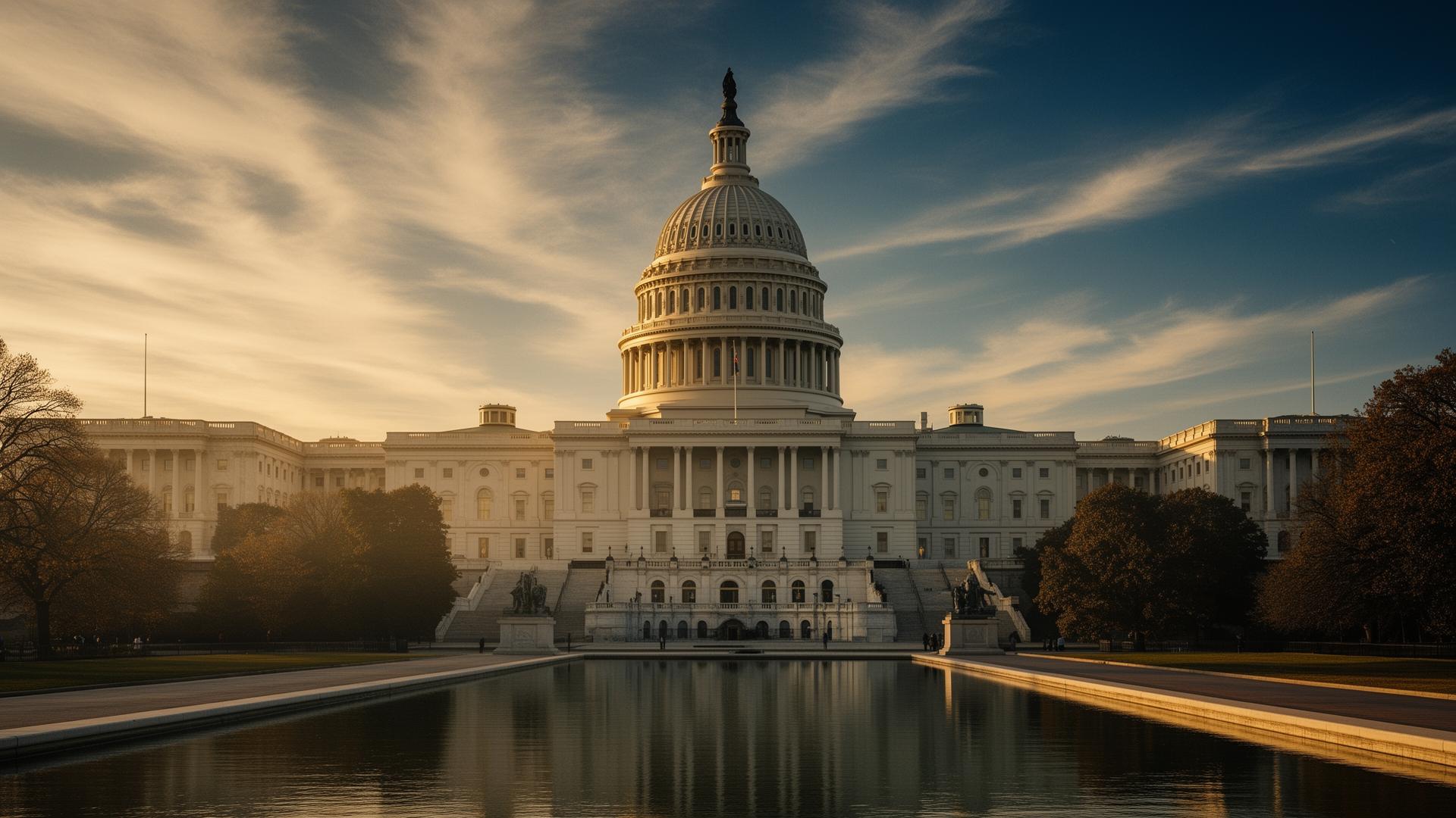 The United States Capitol at golden hour — neoclassical dome and reflecting pool, emblem of long-horizon institutions and public order
